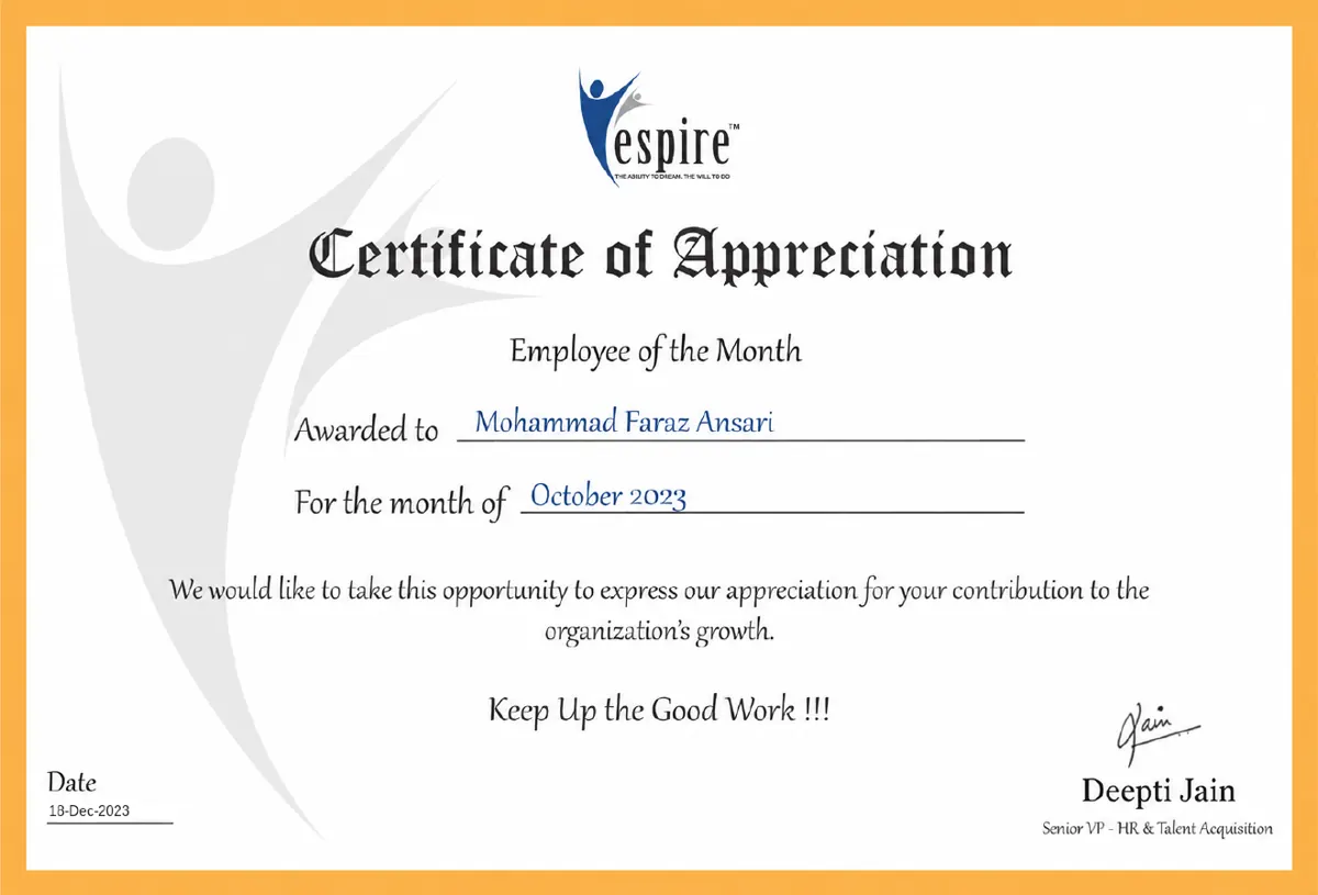 Espire certificate of appreciation, Employee of the Month, October 2023