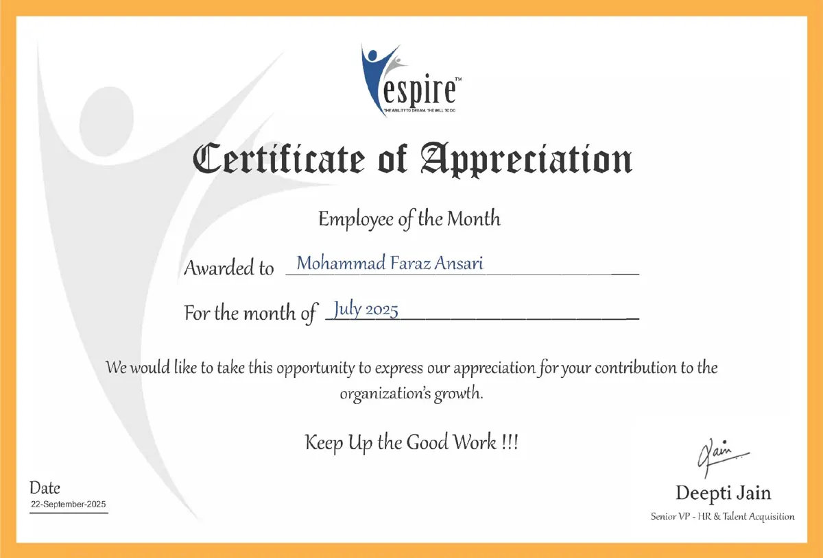 Espire certificate of appreciation, Employee of the Month, July 2025