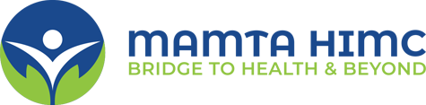 MAMTA Health Institute for Mother and Child logo: a person with raised arms in a blue circle, with the line Bridge to health and beyond
