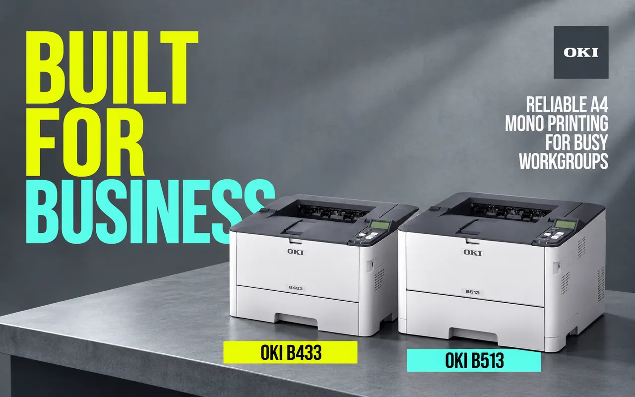 Built for business: the OKI B433 and B513 A4 mono printers side by side on a desk